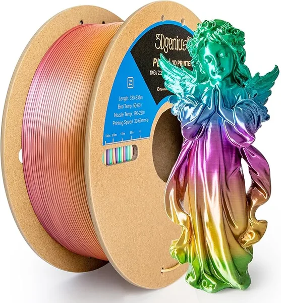 3DGenius Silk Rainbow PLA Filament 1kg (2.2lbs) Spool, Fast Color Changing Shiny Gradient 3D Printer Filament, High Gloss Multi-Color PLA for Articulated Toys, 3D Art Crafts & Gifts, Candy Series