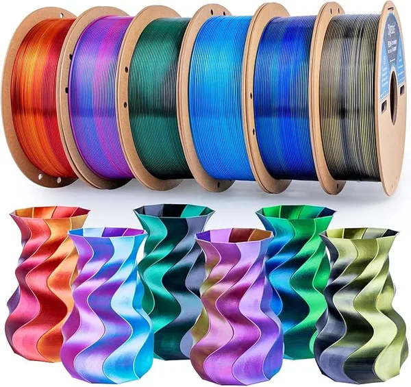 3DGenius Silk PLA Filament Bundle, Shiny Metallic Multi-Color 3D Printer Filament 6-Pack (1kg/Spool, 6kg Total), High Gloss & Smooth Finish for Articulated Dragon Toys, 3D Art Crafts & Gifts