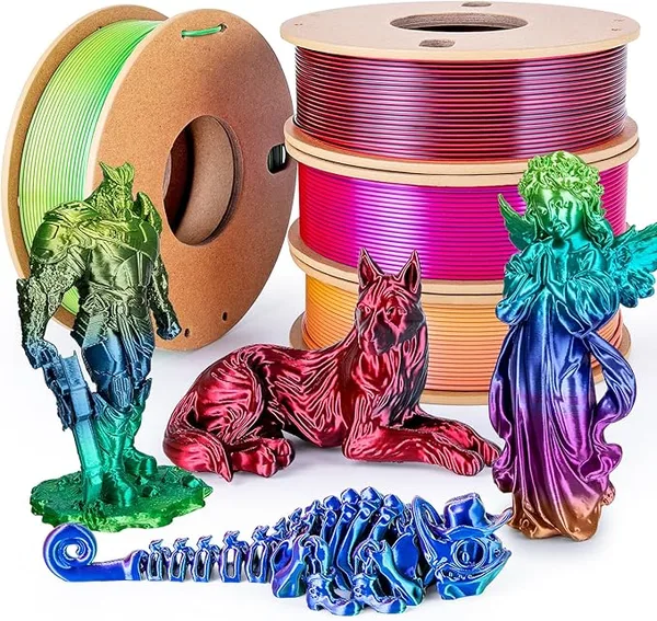 3DGenius Silk Rainbow PLA Filament Bundle, Shiny Fast Color Changing Gradient 3D Printer Filament 4-Pack (250g/Spool, 1kg Total), High Gloss & Smooth Finish for Articulated Dragon Toys, 3D Art Crafts