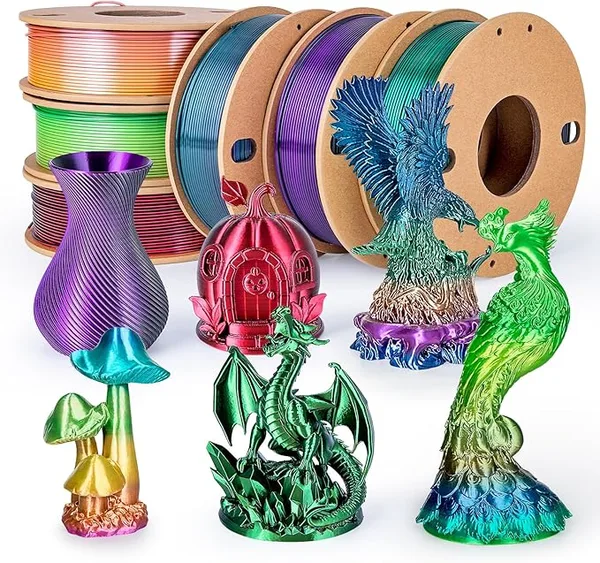 3DGenius Silk PLA Filament Bundle, Shiny Metallic Multi-Color 3D Printer Filament 6-Pack (250g/Spool, 1.5kg Total), High Gloss & Smooth Finish for Articulated Dragon Toys, 3D Art Crafts & Gifts, 6Pack2