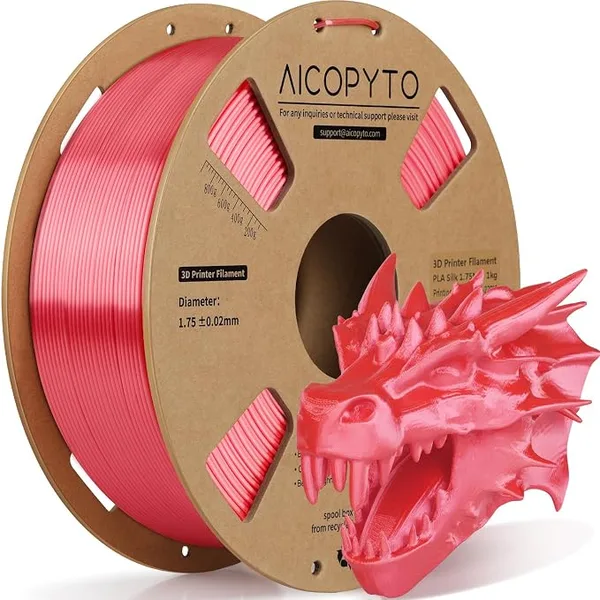 AICOPYTO Red Silk PLA Filament, 3D Printer Filament Silk Red PLA 1KG Spool (2.2lbs) Dimensional Accuracy Probability +/- Fits for Most FDM 3D Printers - Red PLA Silk