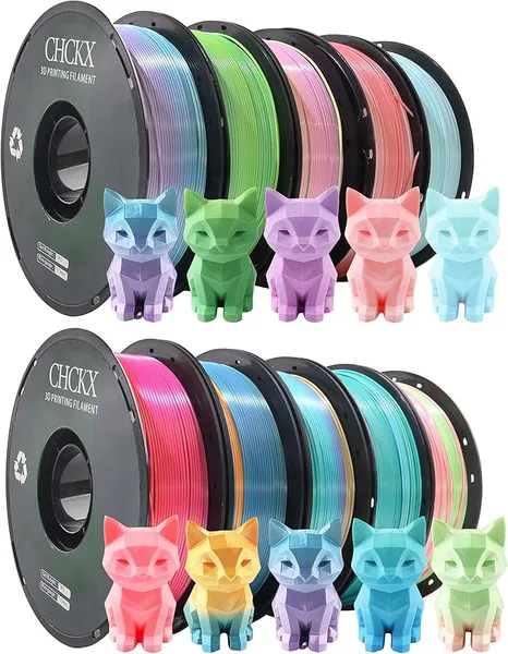 CHCKX CHCKX 10 Pack Silk Rainbow PLA 3D Printer Filament Bundle, Dimensional Accuracy +/-, 1kg (2.2lbs), Rainbow Candy,Blue Green,Red White,Blue White,Green, 10 Mix Rainbow Colors