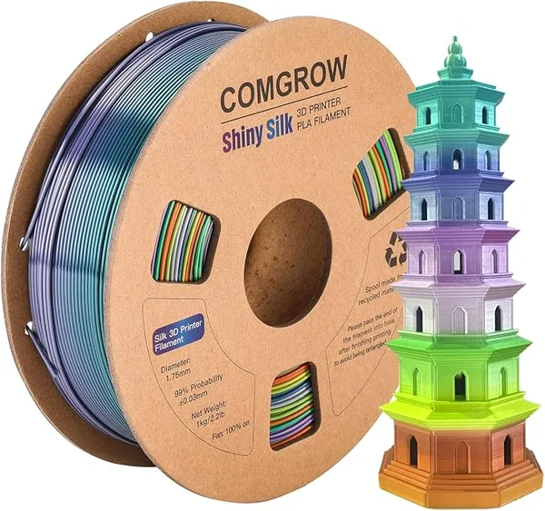 Comgrow Comgrow Rainbow Colors Silk PLA 3D Printer Filament, PLA Filament, Dimensional Accuracy +/-, 1KG Spool, Coextrusion 3D Filament with Shiny Silk Rainbow Yellow
