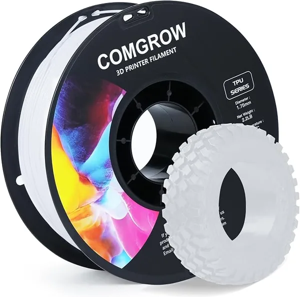 Comgrow Comgrow TPU Filament 1.75, 3D Printing Filament, Flexible, 95A Soft, 1kg (2.2lbs), White, +/- Accuracy Diameter, 2.2lbs Display Weight