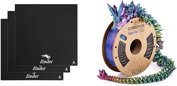 Comgrow Comgrow Tri-Colors Silk PLA 3D Printer Filament, Rainbow PLA Filament, 1KG Spool, Coextrusion 3D Filament with Shiny Silk Red-Blue-Yellow and Heat Bed Platform Sticker Sheet