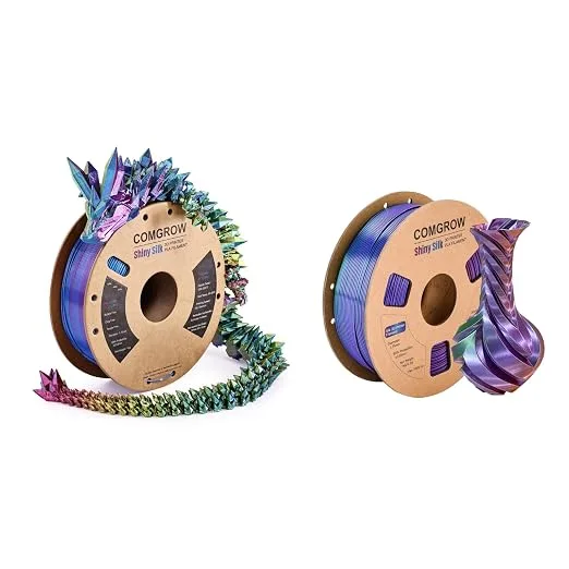 Comgrow Comgrow Tri-Colors Silk PLA 3D Printer Filament, Rainbow PLA Filament,1KG Spool, Coextrusion 3D Filament with Shiny Silk Red-Blue-Yellow and 1kg Copper-Green-Purple