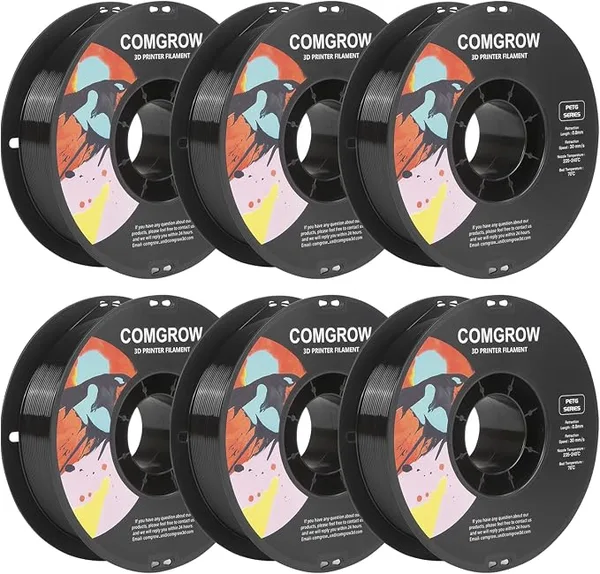 Comgrow Comgrow PETG 3D Printer Filament, High Precision and Tough 3D Printer Filament 6 Rolls*1kg, Dimensional Accuracy +/-, Fit Most 3D Printers Black