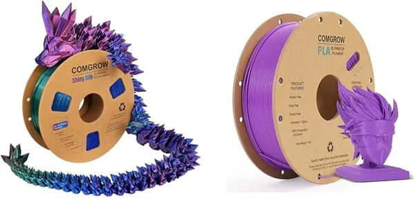 Comgrow Comgrow Tri-Colors Silk PLA 3D Printer Filament, Rainbow PLA Filament 1KG Spool, Coextrusion 3D Filament with Shiny Silk Red-Blue-Green and PLA 3D Printer Filament Lavender Purple 1KG
