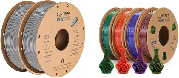 Comgrow Comgrow PLA 3D Printer Filament, 3D Printer PLA Filament 2 Rolls of 1KG Spool PLA Grey and Silk Shiny Rainbow Multi-Color 3D Printer Filament