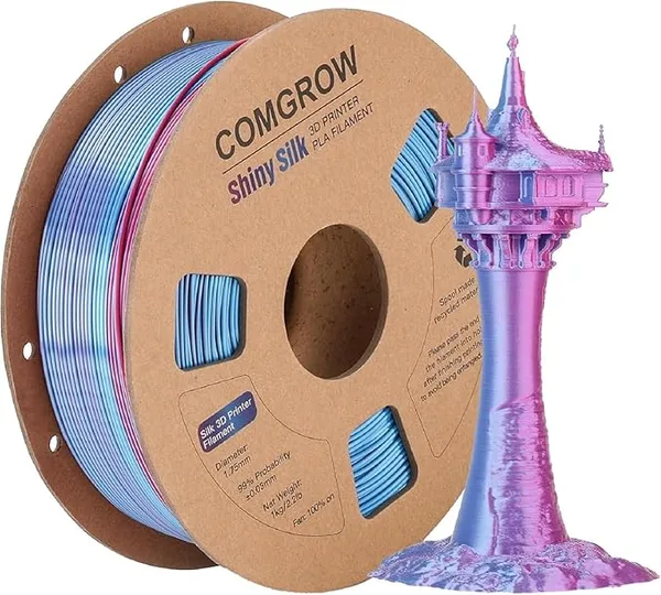 Comgrow Comgrow Silk PLA 3D Printer Filament, Dual Color 2 in 1 Blue and Rose Red, 3D Printing PLA Filament, Dimensional Accuracy +/-, 1KG Spool, Coextrusion Shiny Silk 3D Filament