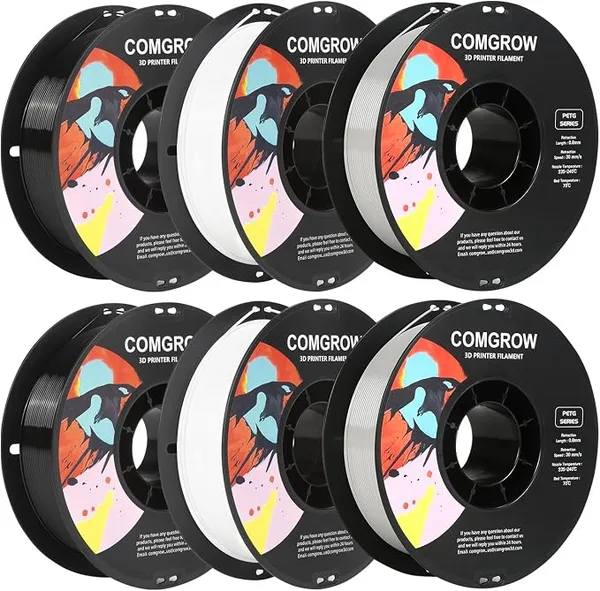 Comgrow Comgrow PETG 3D Printer Filament, High Precision and Tough 3D Printer Filament 6 Rolls*1kg, Dimensional Accuracy +/-, Fit Most 3D Printers White+Black+Grey