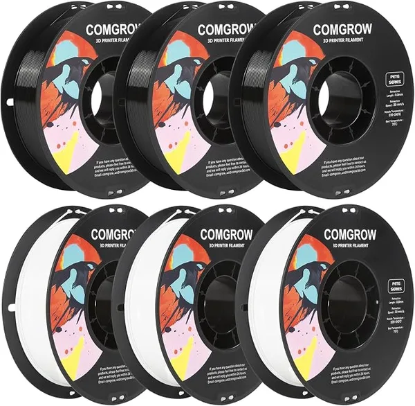 Comgrow Comgrow PETG 3D Printer Filament, High Precision and Tough 3D Printer Filament 6 Rolls*1kg, Dimensional Accuracy +/-, Fit Most 3D Printers 3pcs White+ 3pcs Black