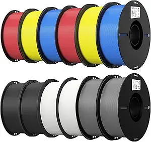 Creality Creality 12 Pack PLA Filament Bundle for 3D Printing with No-Tangling Strong Bonding and Overhang Performance, Accuracy +/- (Black,White,Grey,Blue,Red,Yellow)