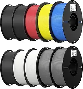 Creality Creality 10 Pack PLA Filament Bundle for 3D Printing with No-Tangling Strong Bonding and Overhang Performance, Accuracy +/- (3Black,2White,2Grey,Blue,Red,Yellow)