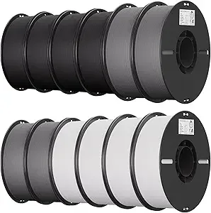 Creality Creality 12 Pack PLA Filament Bundle for 3D Printing with No-Tangling Strong Bonding and Overhang Performance, Accuracy +/- (4 Black+4 White+4 Grey)