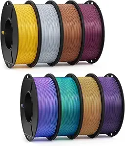 Deeplee3D DEEPLEE Silk PLA 3D Printer Filament 8 Pack 250g Bundle, Dimensional Accuracy +/-, Gold/Silver/Bronze/Black Red/BluePurple/Bluegreen/Black Purple/Blue Green Orange