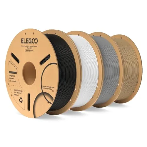 Elegoo ELEGOO PLA 3D Printer Filament Bundle 4KG, Dimensional Accuracy +/- 4 Pack 1kg Spool(2.2lbs) Fits for Most FDM 3D Printers(Black/White/Grey/Wood Color)