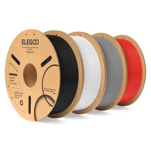 Elegoo ELEGOO PLA 3D Printer Filament Bundle 4KG, Dimensional Accuracy +/- 4 Pack 1kg Spool(2.2lbs) Fits for Most FDM 3D Printers(Black/White/Grey/Red)