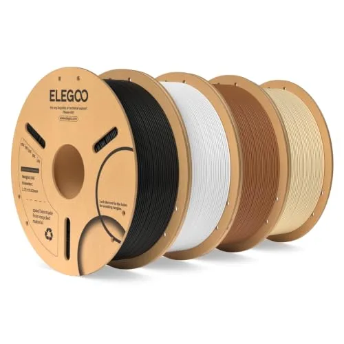 Elegoo ELEGOO PLA 3D Printer Filament Bundle 4KG, Dimensional Accuracy +/- 4 Pack 1kg Spool(2.2lbs) Fits for Most FDM 3D Printers(Black/White/Brown/Beige)