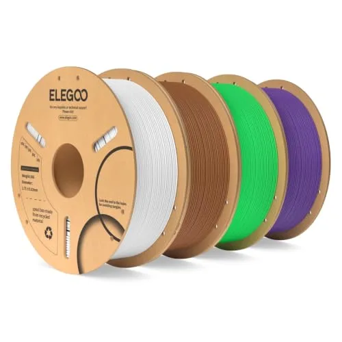 Elegoo ELEGOO PLA 3D Printer Filament Bundle 4KG, Dimensional Accuracy +/- 4 Pack 1kg Spool(2.2lbs) Fits for Most FDM 3D Printers(White/Brown/Neon Green/Purple)