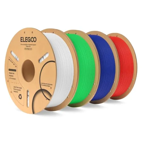 Elegoo ELEGOO PLA 3D Printer Filament Bundle 4KG, Dimensional Accuracy +/- 4 Pack 1kg Spool(2.2lbs) Fits for Most FDM 3D Printers(White/Neon Green/Dark Blue/Red)