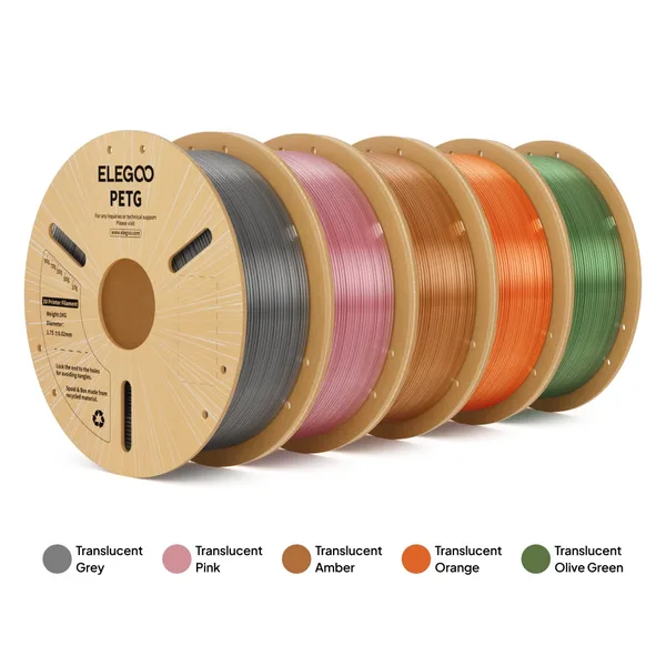 Elegoo PETG Translucent 5-Color Filament Bundle (5 x 1kg)– Color Pack A