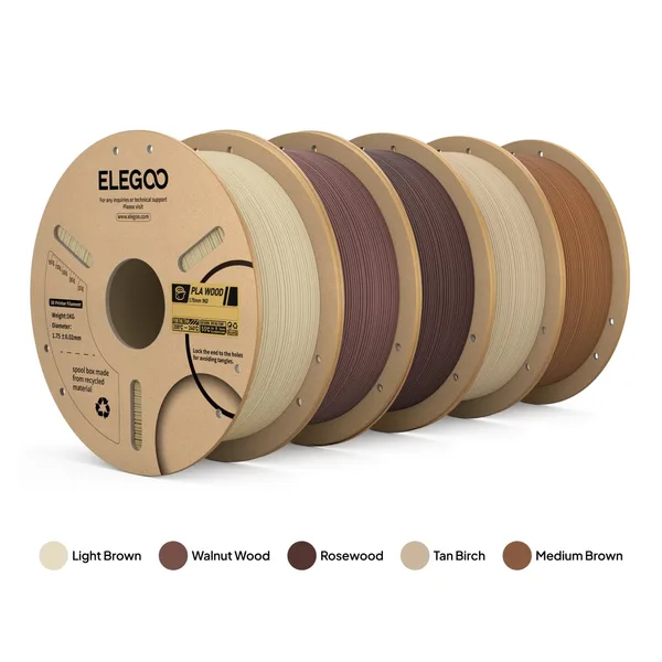 Elegoo PLA Wood 5-Color Filament Bundle (5 x 1kg) – Color Pack A