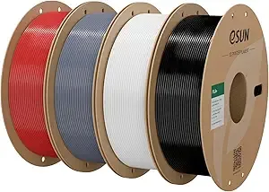 eSUN3D eSUN PLA+ Filament, 3D Printer Filament PLA Plus, Dimensional Accuracy +/-, 1KG per Spool, 4 Spools 3D Printing Filament, Fire Engine Red + Grey + Cold White + Black