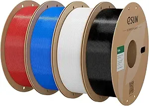 eSUN3D eSUN PLA+ Filament, 3D Printer Filament PLA Plus, Dimensional Accuracy +/-, 1KG per Spool, 4 Spools 3D Printing Filament, Fire Engine Red + Blue + Cold White + Black