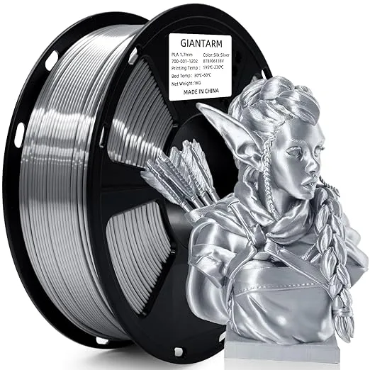 GiantArm GIANTARM Silk Metallic Silver PLA 3D Printer Filament 1kg Spool Dimensional Accuracy +/-, 1080 Feet per Roll, Vacuum Packaging