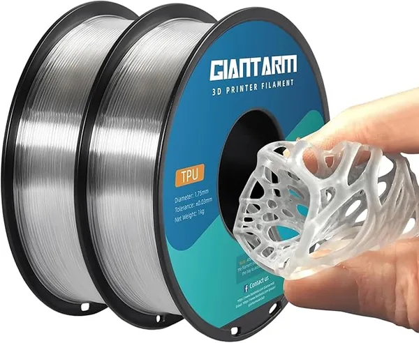 GiantArm GIANTARM Clear TPU Filament, 95A TPU Filament, Dimensional Accuracy +/- 0.03, Flexible Soft 3D Printer Filament 1kg Spool(2.2 lbs), Vacuum Packaging, 2-Pack