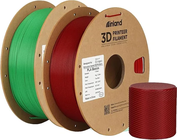 Inland Inland PLA Basics Filament, 1kg Spool – Dimensional Accuracy ±, Neatly Wound, Fits Most FDM 3D Printers (True Red & True Green, 2 Pack)
