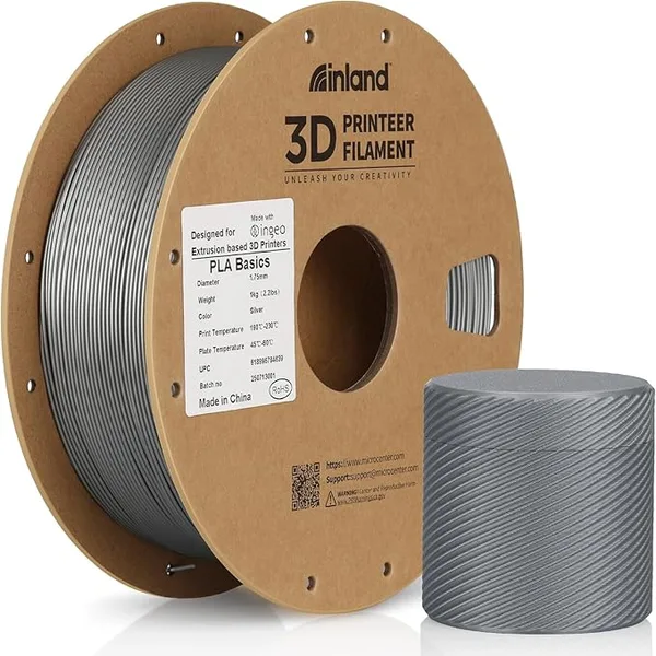 Inland Inland PLA Basics Filament, 1kg Spool – Dimensional Accuracy ±, Neatly Wound, Fits Most FDM 3D Printers (Silver, 1 Pack)