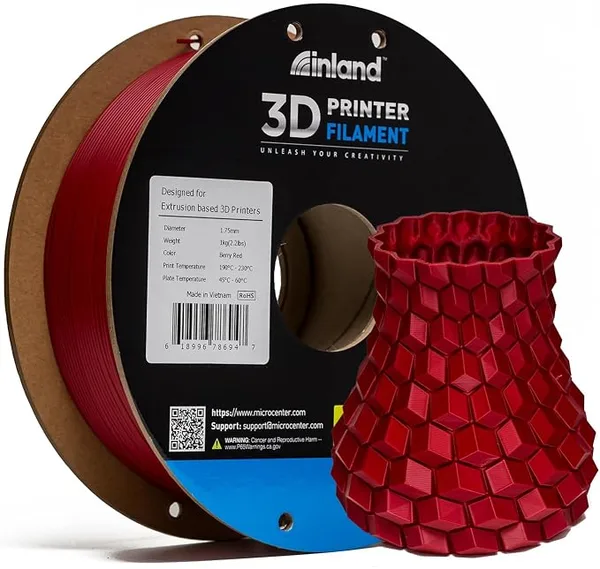 Inland Inland PLA Filament Dark Red 1KG, 3D Printer Filament Dimensional Accuracy +/-, 1kg Spool (2.2lbs) Fits Most FDM 3D Printers (Berry Red, 1 Pack)