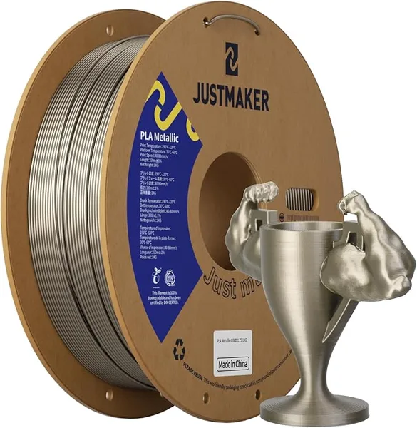 JustMaker PLA Metallic Finish 3D Printer Filament, Metallic Shining Filament Without Paint, Dimensional Accuracy +/-, Upgrade Cardboard Spool,Fit Most FDM Printer, 1 kg, Champaign Gold