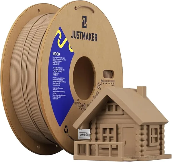 JustMaker PLA Wood 3D Printer Filament, Upgrade Cardboard Spool, Print with Most 3D Printers, Dimensional Accuracy +/-, 1kg, Yellow
