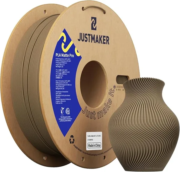 JustMaker PLA Matte 3D Printer Filament, Upgrade Cardboard Spool, Print with Most 3D Printers, Dimensional Accuracy +/-, 1kg, Malt Clay