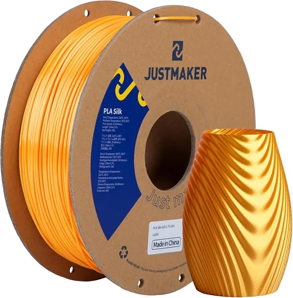 JustMaker PLA Silk 3D Printer Filament, Upgrade Cardboard Spool, Silk Shiny Filament, Dimensional Accuracy +/-, 1kg, Gold