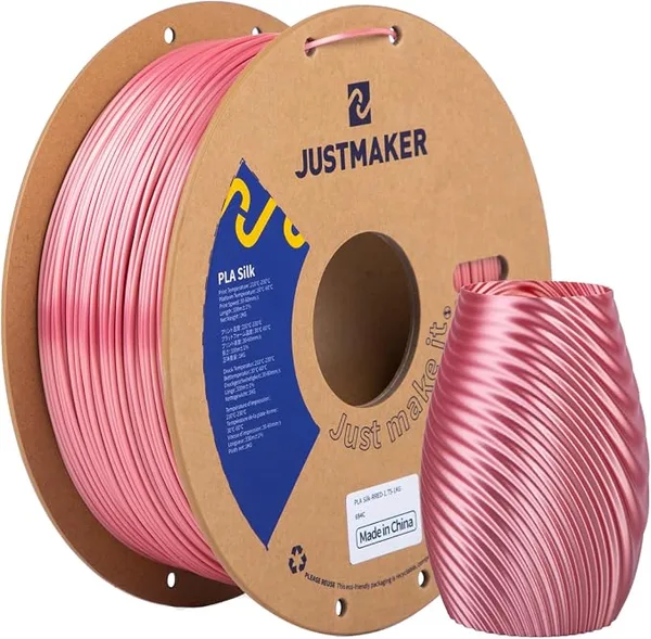 JustMaker PLA Silk 3D Printer Filament, Upgrade Cardboard Spool, Silk Shiny Filament, Dimensional Accuracy +/-, 1kg, Rose Red