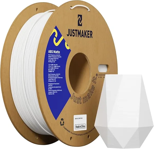JustMaker ABS Matte 3D Printer Filament, Upgraded Strength Heat Resistant Filament, Matte Surface with Cardboard Spool, Dimensional Accuracy +/-, 1 kg (2.2 lbs), White