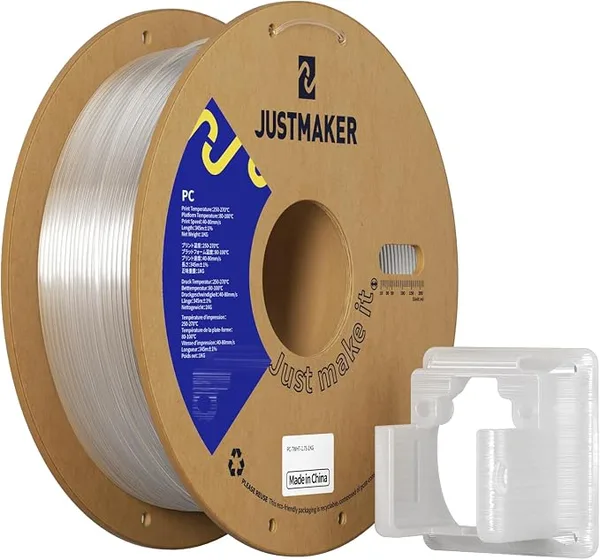 JustMaker PC 3D Printer Filament, High Temperature Resistant, Low Warpage, Upgrade Cardboard Spool, 1kg, Dimensional Accuracy +/-, Transparent White