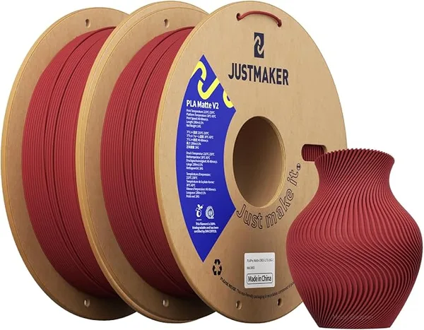 JustMaker PLA Matte 3D Printer Filament, Upgrade Cardboard Spool, Print with Most 3D Printers, Dimensional Accuracy +/-, 2kg, Cherry Red