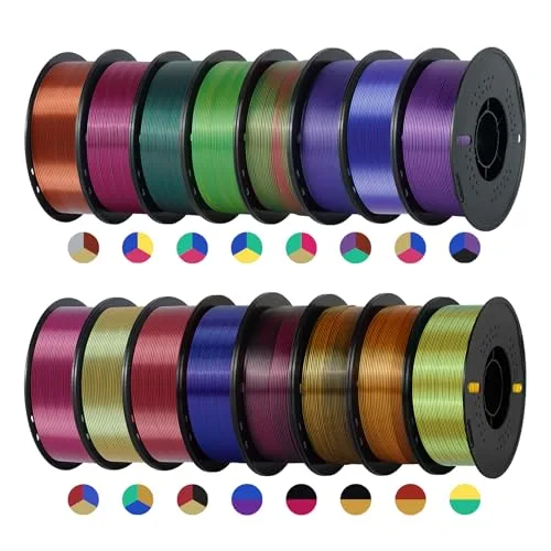Kingroon Kingroon 16KG Silk PLA Filament Bundle, Dual and Tri Color 3D Printer Multicolor Filament, 16x1 kg Spools, High Precision +/-, No Clogging Shiny 3D Printing Filament for FDM Printers