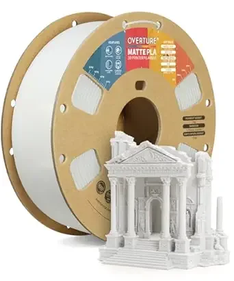 Overture OVERTURE Matte PLA 3D Printer Filament, Matt Surface & Low Warping Filament 1kg Spool (2.2 lbs), Accuracy +/-, Fit Most FDM Printers (Matte White)