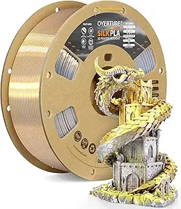 Overture OVERTURE Silk PLA Dual Color Filament, Bi-Color Shiny PLA Finish, Smooth & Glossy, 1kg Spool (2.2lbs), Ideal for Cosplay Jewelry & Home Decor (Silk Gold-Silver)