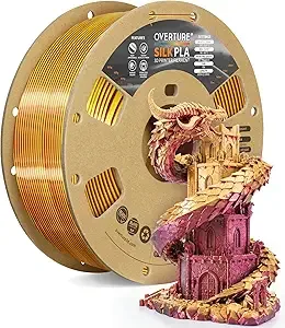Overture OVERTURE Silk PLA Dual Color Filament, Bi-Color Shiny PLA Finish, Smooth & Glossy, 1kg Spool (2.2lbs), Ideal for Cosplay Jewelry & Home Decor (Silk Magenta-Gold)