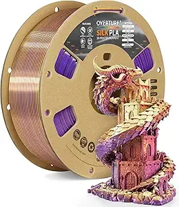 Overture OVERTURE Silk PLA Dual Color Filament, Bi-Color Shiny PLA Finish, Smooth & Glossy, 1kg Spool (2.2lbs), Ideal for Cosplay Jewelry & Home Decor (Silk Purple-Gold)