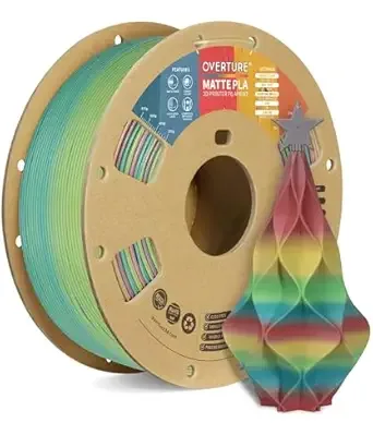Overture OVERTURE Matte PLA 3D Printer Filament, Matt Surface & Low Warping Filament 1kg Spool (2.2 lbs), Accuracy +/-, Fit Most FDM Printers (Matte Rainbow)