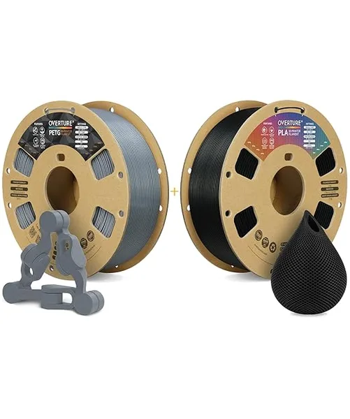Overture OVERTURE 3D Printer Filament 2kg, PETG Filament and PLA Filament Fit Most FDM 3D Printers, 1kg per Spool, Pack of 2, PETG Light Gray+PLA Black