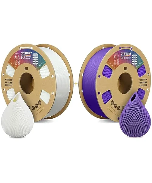 Overture OVERTURE 3D Printer Filament 2kg, PLA Filament Fit Most FDM 3D Printers, 1kg per Spool, Pack of 2, PLA White+PLA Purple